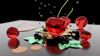 A collection of unique, cherry-themed art pieces displayed on a gallery wall, highlighting the brand’s playful spirit.