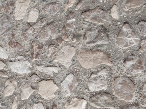 A close-up view of a textured surface consisting of irregularly shaped stones embedded in concrete. The stones vary in shades of light brown and are set against a grayish backdrop, creating a rugged and organic pattern.