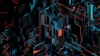 An abstract digital artwork with complex geometric shapes and lines, creating a three-dimensional effect. The design features layered blocks and pathways in shades of black, blue, and orange, giving a futuristic and technological appearance.