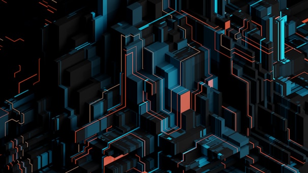 An abstract digital artwork with complex geometric shapes and lines, creating a three-dimensional effect. The design features layered blocks and pathways in shades of black, blue, and orange, giving a futuristic and technological appearance.