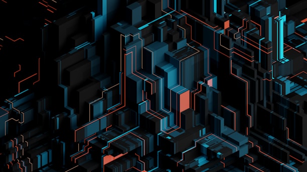 An abstract digital artwork with complex geometric shapes and lines, creating a three-dimensional effect. The design features layered blocks and pathways in shades of black, blue, and orange, giving a futuristic and technological appearance.
