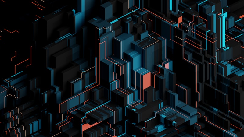 An abstract digital artwork with complex geometric shapes and lines, creating a three-dimensional effect. The design features layered blocks and pathways in shades of black, blue, and orange, giving a futuristic and technological appearance.