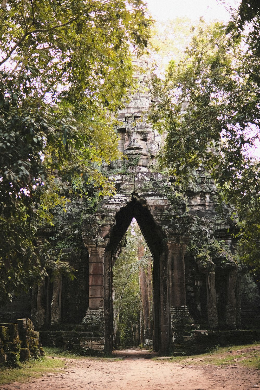 a stone archway with a tree in the background