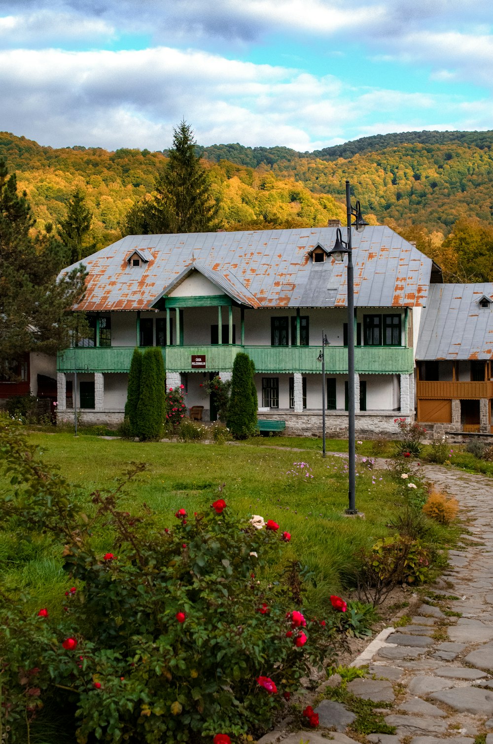 a house with a red rose bush in front of it