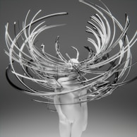 A minimalistic white humanoid figure is surrounded by an intricate array of swirling, elongated metallic and transparent structures, creating a dynamic and abstract visual effect. The background is a plain gradient gray, which enhances the focus on the central figure and the surrounding elements.