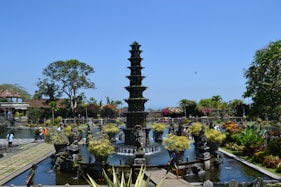 a large fountain surrounded by lots of plants