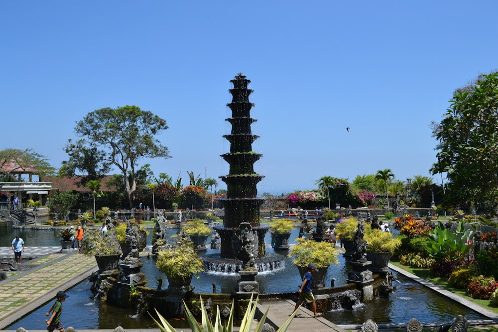 a large fountain surrounded by lots of plants