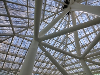 A geometric ceiling structure featuring intersecting metal beams and glass panels. The ceiling showcases a modern architectural design, allowing natural light to filter through the transparent sections.
