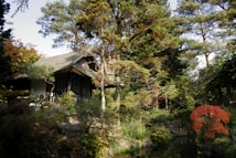 A tranquil Japanese-style garden featuring a traditional wooden house nestled among dense greenery. Tall trees surround the area, and a small pond is visible in the foreground. The foliage displays a mix of green and autumnal hues, creating a serene and harmonious atmosphere.