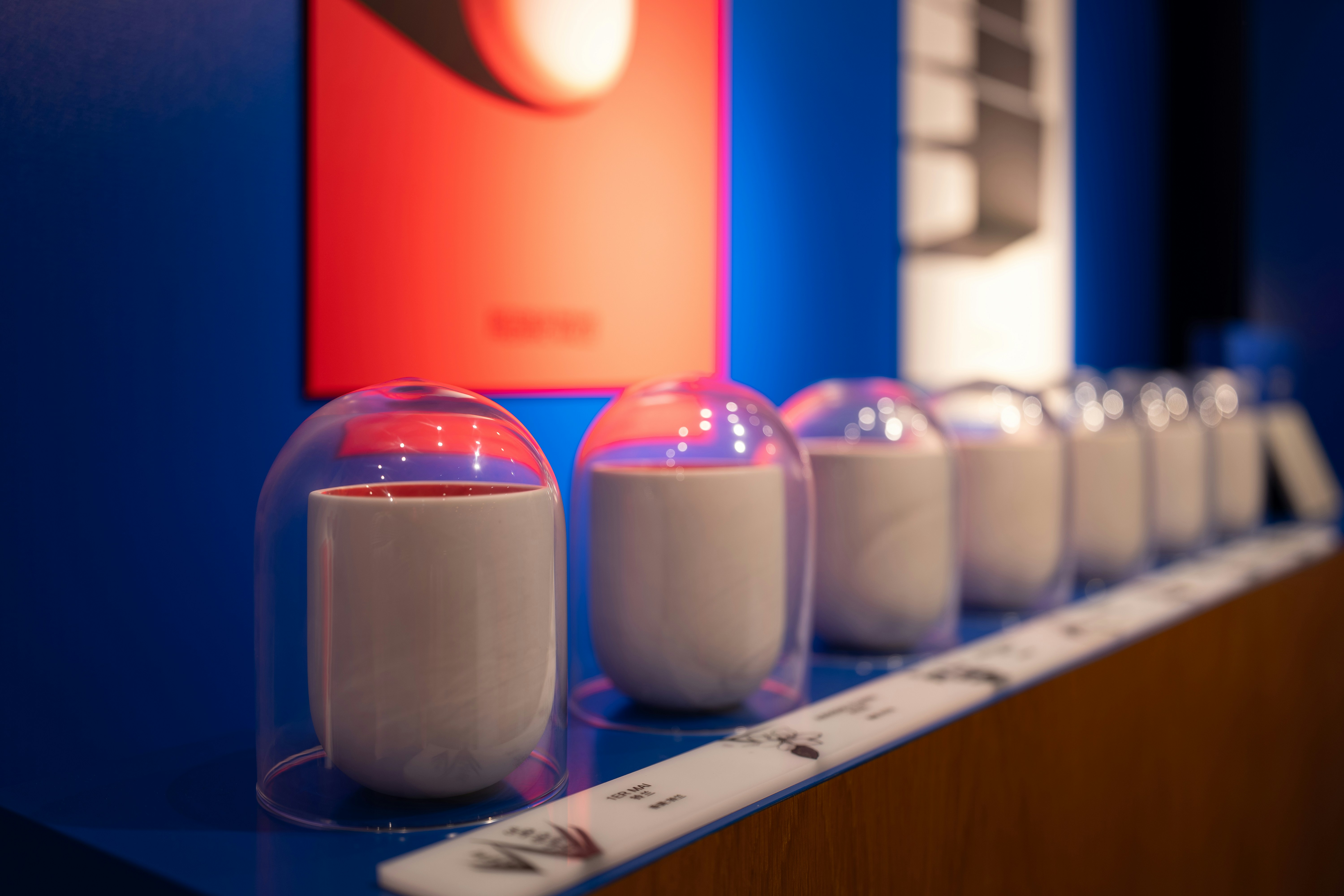 a row of cups sitting on top of a counter