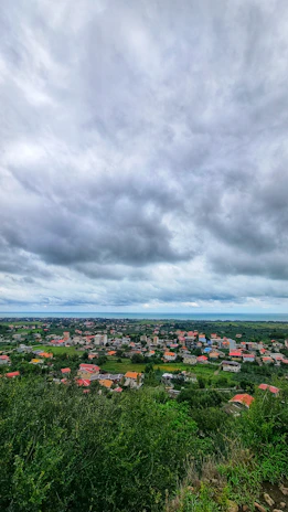 A panoramic view of a village in Maine-et-Loire with various roofs repaired by Mr Couverture.