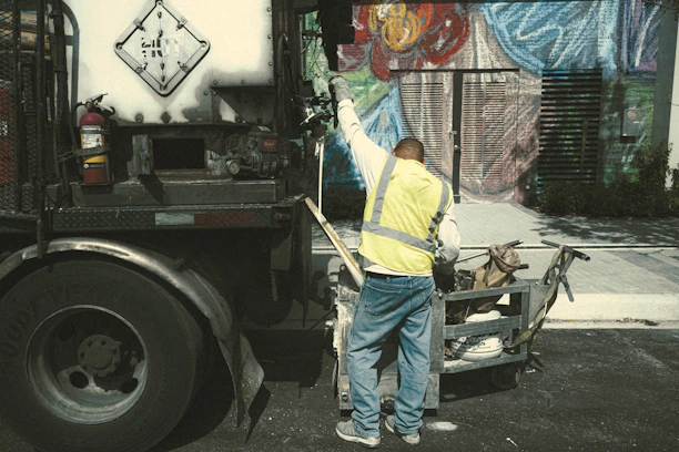 A Veltrax team member in high-visibility gear pressure washing a large warehouse exterior.