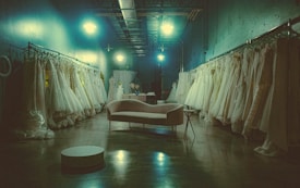 A dimly lit room, possibly a bridal boutique, features long racks filled with white dresses on both sides, leading to a pink couch and a small table in the middle. The setup is complemented by overhead lighting creating a serene ambience.