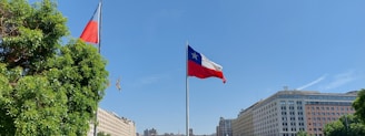 A tall flagpole with the Chilean flag prominently waving against a clear blue sky. Lush green tree foliage is visible to the left, and the area is surrounded by modern, rectangular office buildings. Another Chilean flag can be seen further back, accentuating the city's central area.
