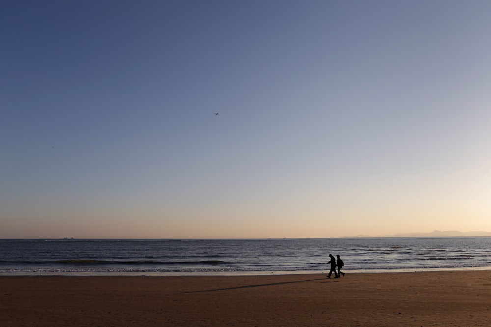 a couple of people standing on top of a sandy beach