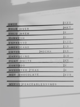 A monochrome menu board displays a list of various coffee and tea options, each paired with prices to the right. The items include drip, pour over, cold brew, Turkish, espresso, Americano, latte, mocha, cappuccino, flat white, cortado, assorted teas, and hot chocolate. A line at the bottom mentions the WiFi password 'peace&blessings'.