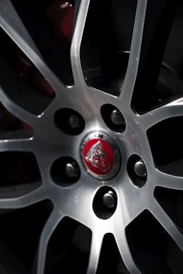A close-up view of a car wheel rim, featuring a metallic silver finish with a central emblem displaying a stylized animal. The design includes multiple spokes radiating from the center.