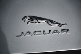 A silver chrome emblem of a leaping jaguar above the bold letters spelling 'JAGUAR' on a metallic gray background.