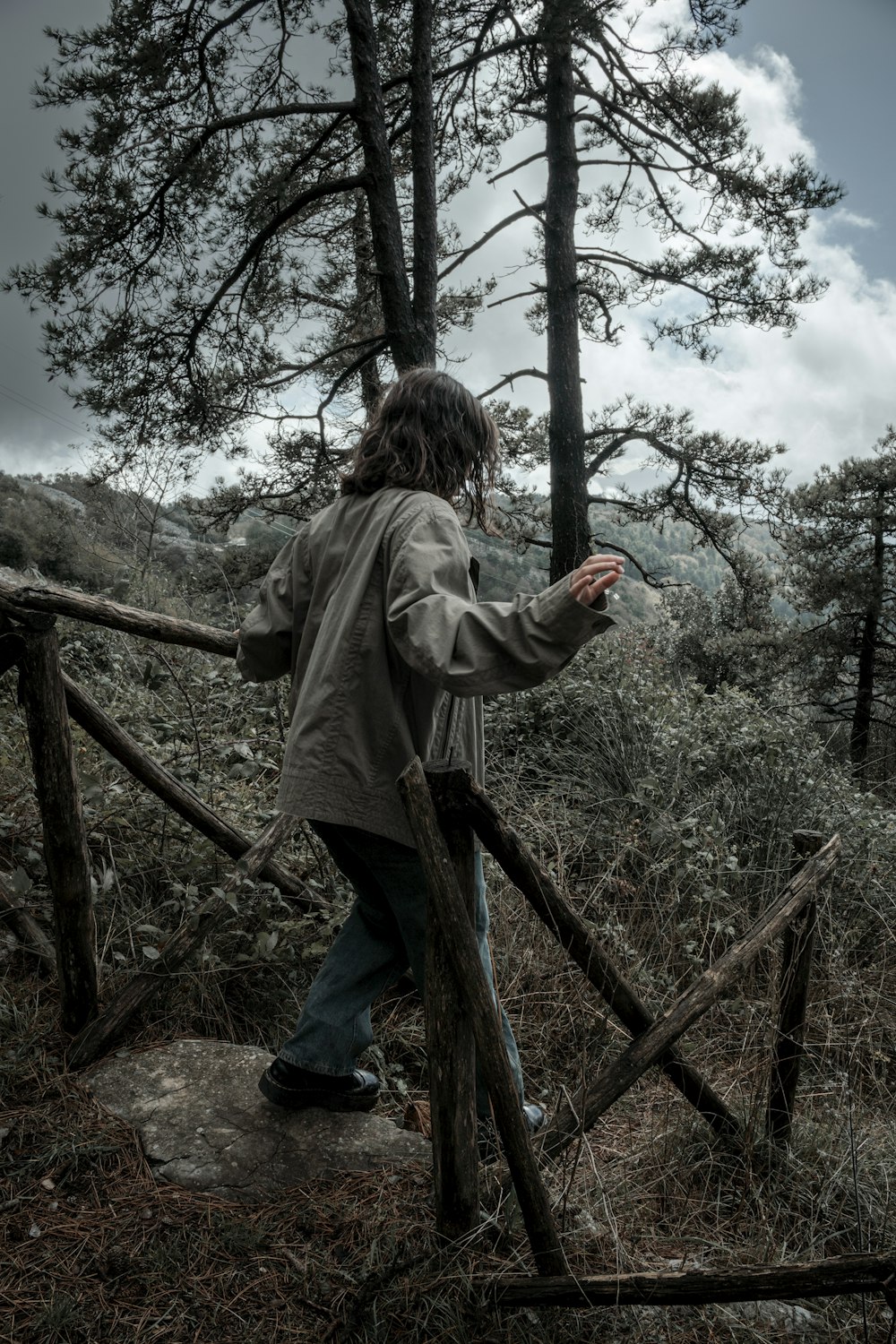 a person standing on a wooden bridge in the woods