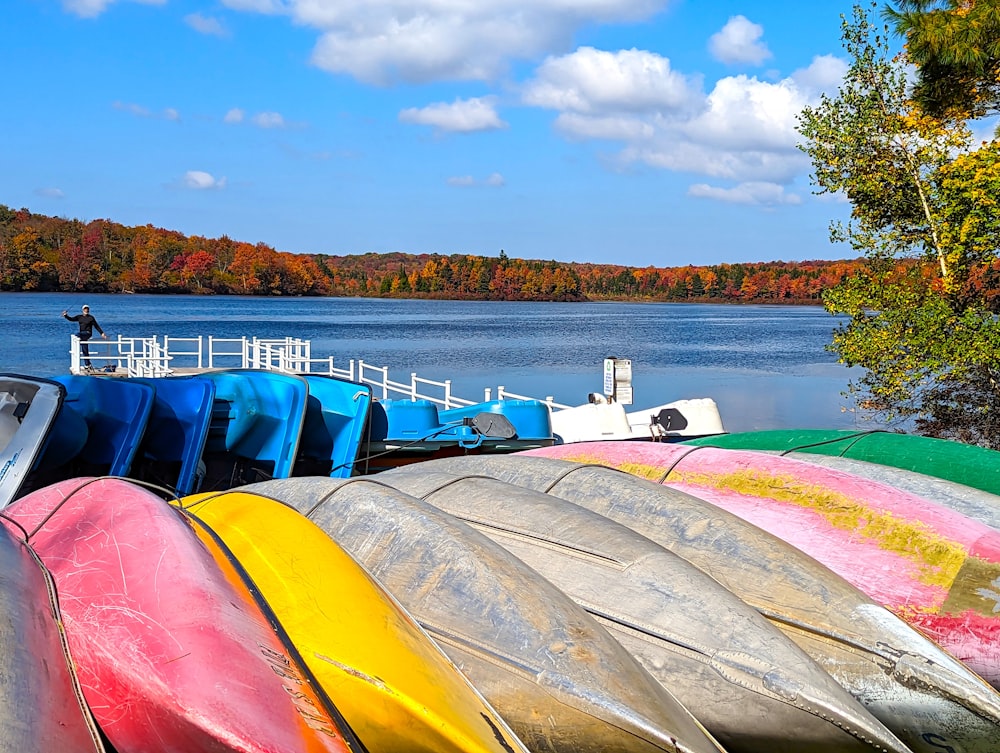 a row of canoes sitting next to a dock