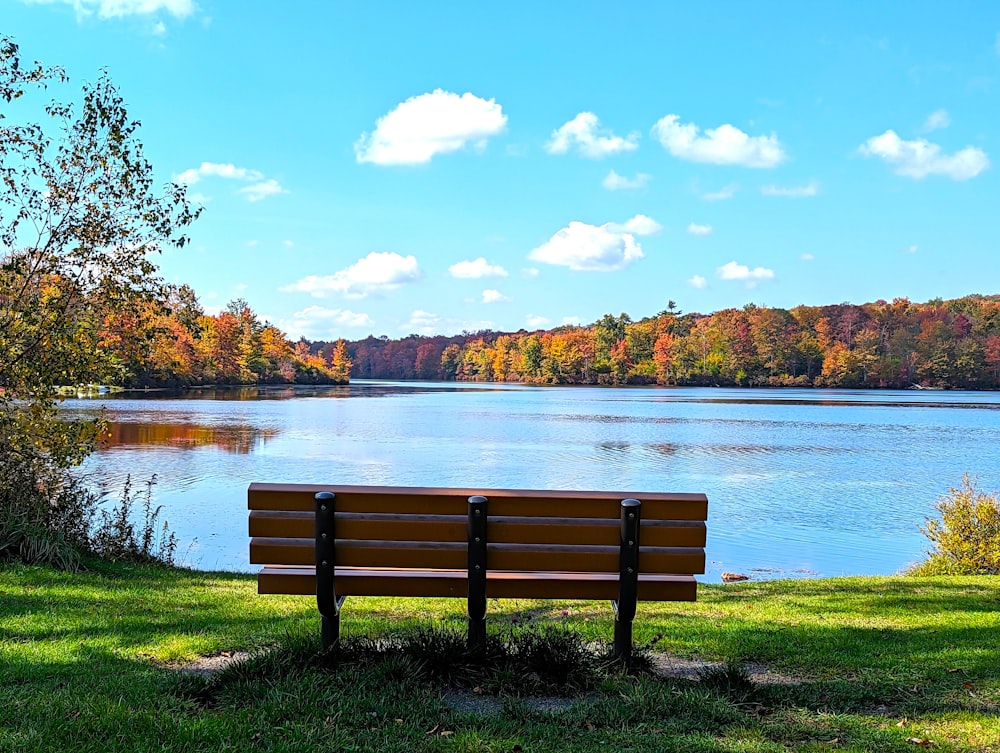 a wooden bench sitting on top of a lush green field