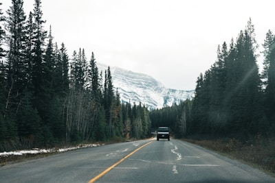 An RV driving along a winding mountain road surrounded by pine trees.