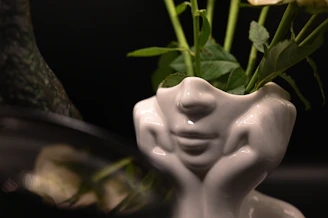 Close-up of a personalized porcelain vase with intricate details and a fresh green plant