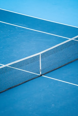 A blue tennis court featuring a central black net with white lines marking the playing areas.