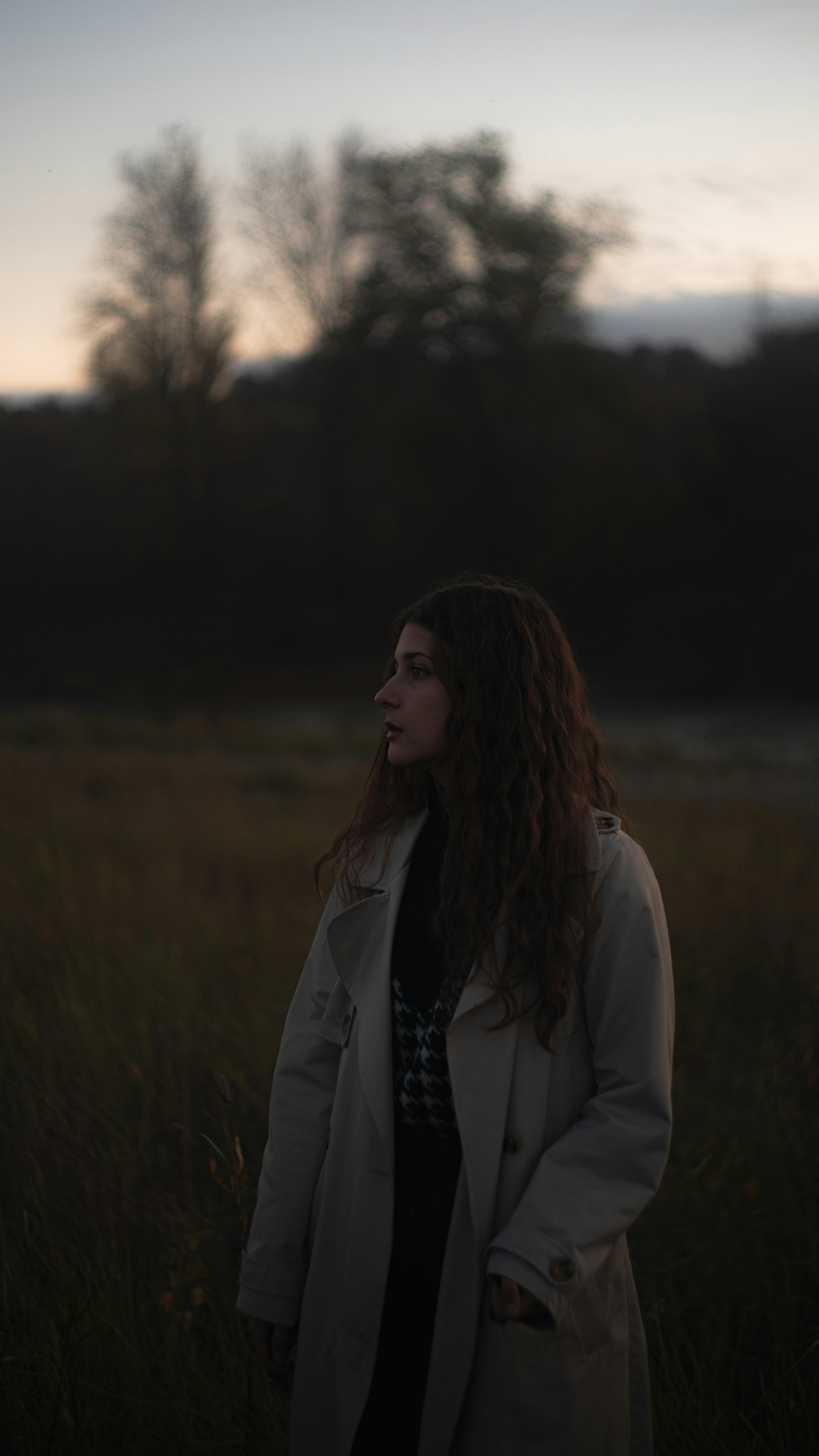 a woman standing in a field at sunset