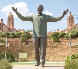 a statue of a man standing in front of a building