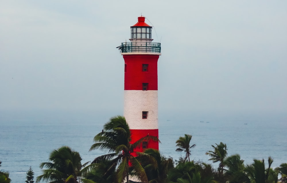 a red and white lighthouse surrounded by palm trees
