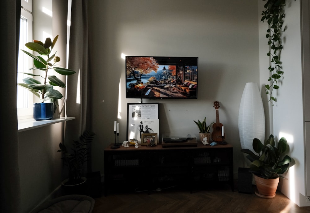 a living room with a television and a potted plant