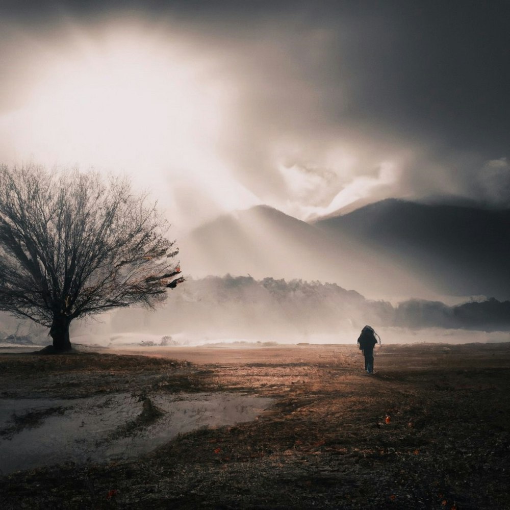 a person standing in a field under a tree