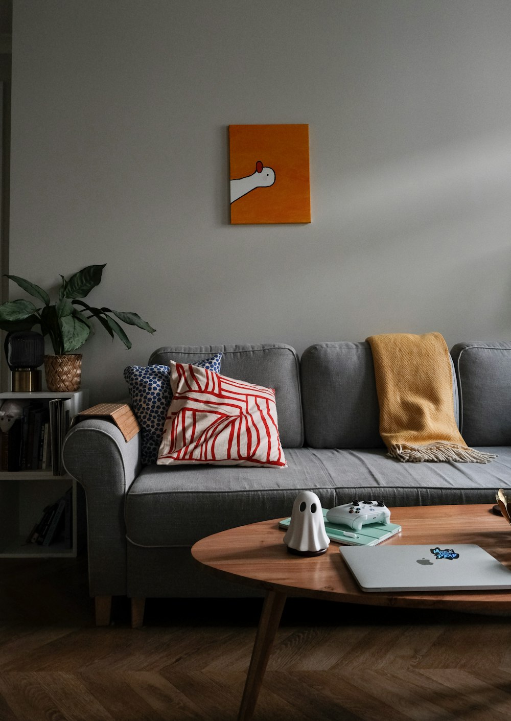 a living room with a couch and a coffee table