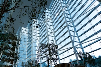 A modern, spacious interior filled with natural light streaming through large, floor-to-ceiling glass windows. The structure is characterized by tall white beams and steel framework. Several lush green plants are arranged throughout the space, contributing to a harmonious blend of nature and architecture.