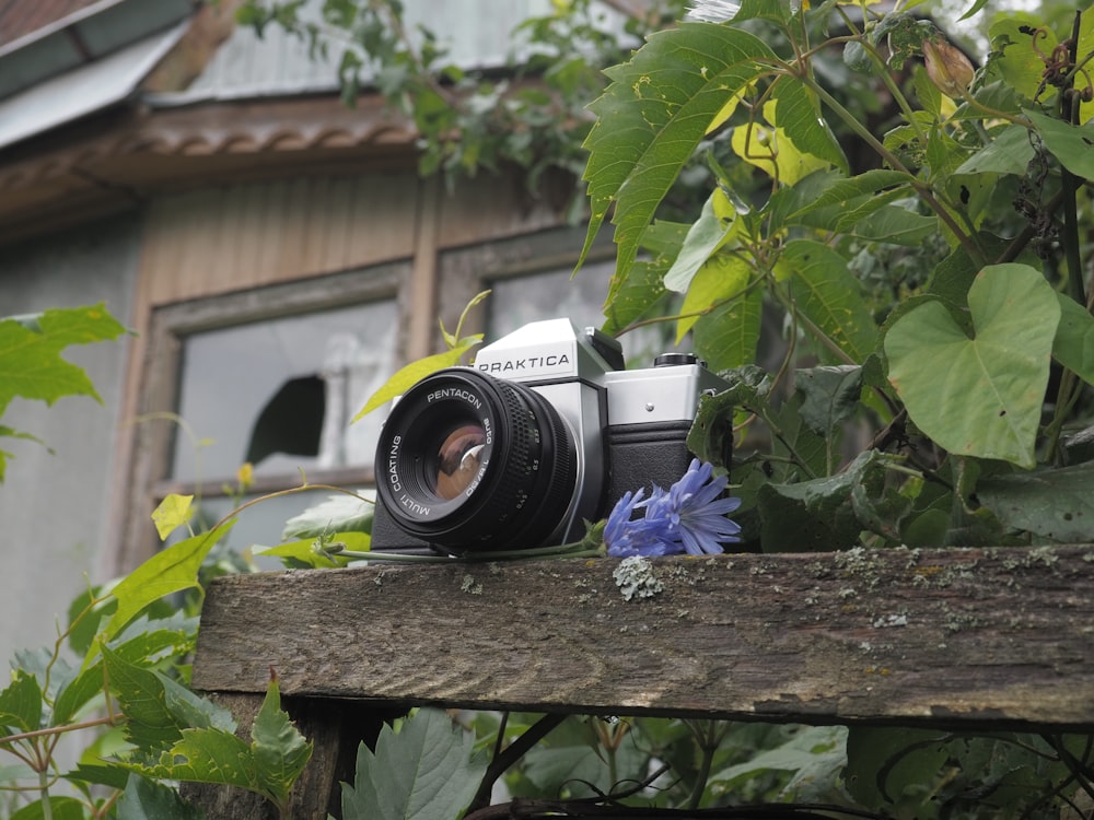 a camera sitting on top of a wooden bench