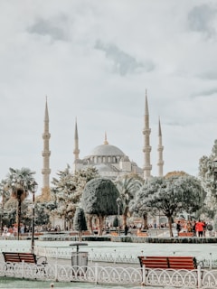 a view of a mosque from across the water