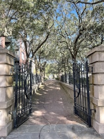A gated pathway lined with large oak trees leads into a serene, landscaped area. The pathway is paved with bricks, surrounded by tall wrought iron fences and stone pillars. Sunlight filters through the dense canopy of green leaves, creating a mosaic of light and shadow on the ground.