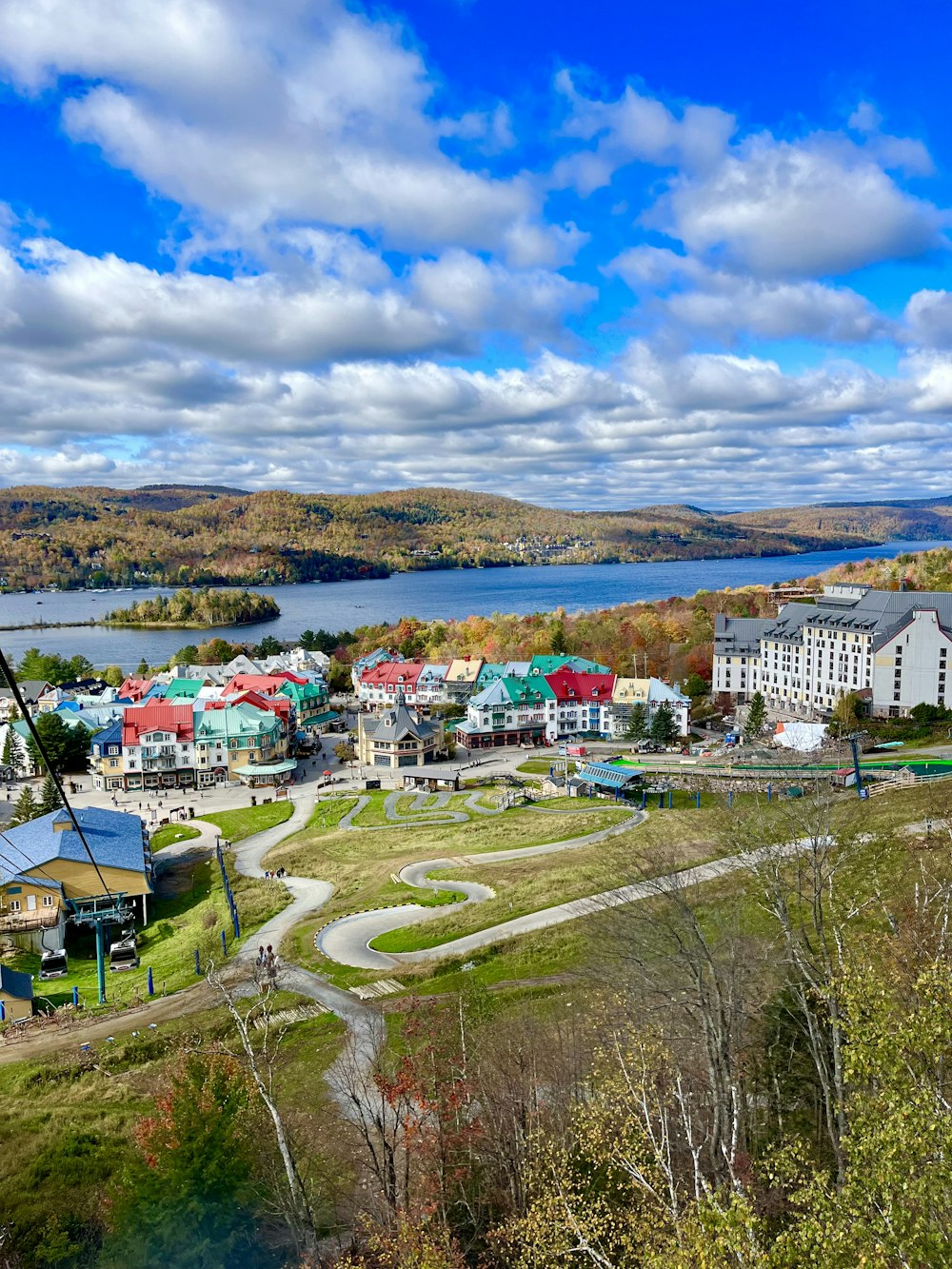 a scenic view of a town with a lake in the background