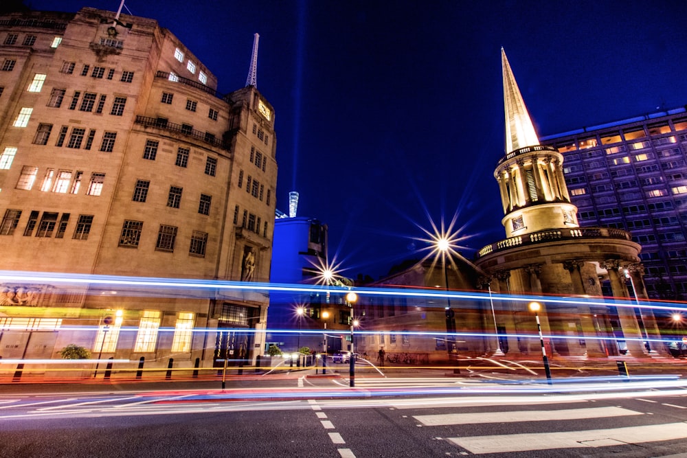 a blurry photo of a city street at night