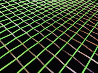 A grid pattern of evenly spaced, thin, fluorescent green lines against a black background, creating an optical illusion effect.
