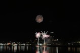 Fireworks illuminate the night sky above a waterfront, reflecting vibrant colors onto the water below. The display includes bursts of light and color in various patterns, set against a backdrop of distant city lights.