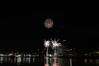 Fireworks illuminate the night sky above a waterfront, reflecting vibrant colors onto the water below. The display includes bursts of light and color in various patterns, set against a backdrop of distant city lights.