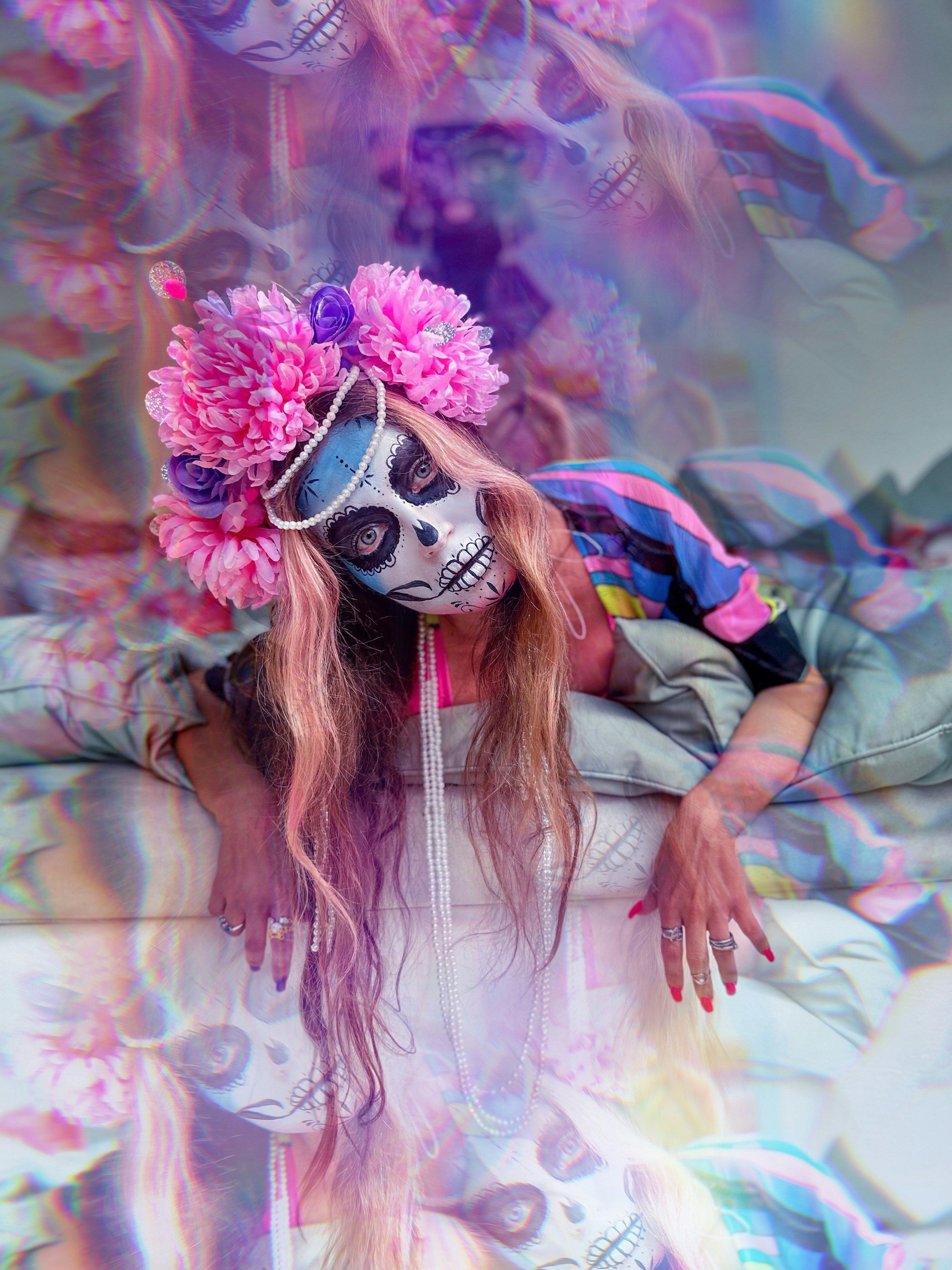 マスクをして髪に花を飾る女性