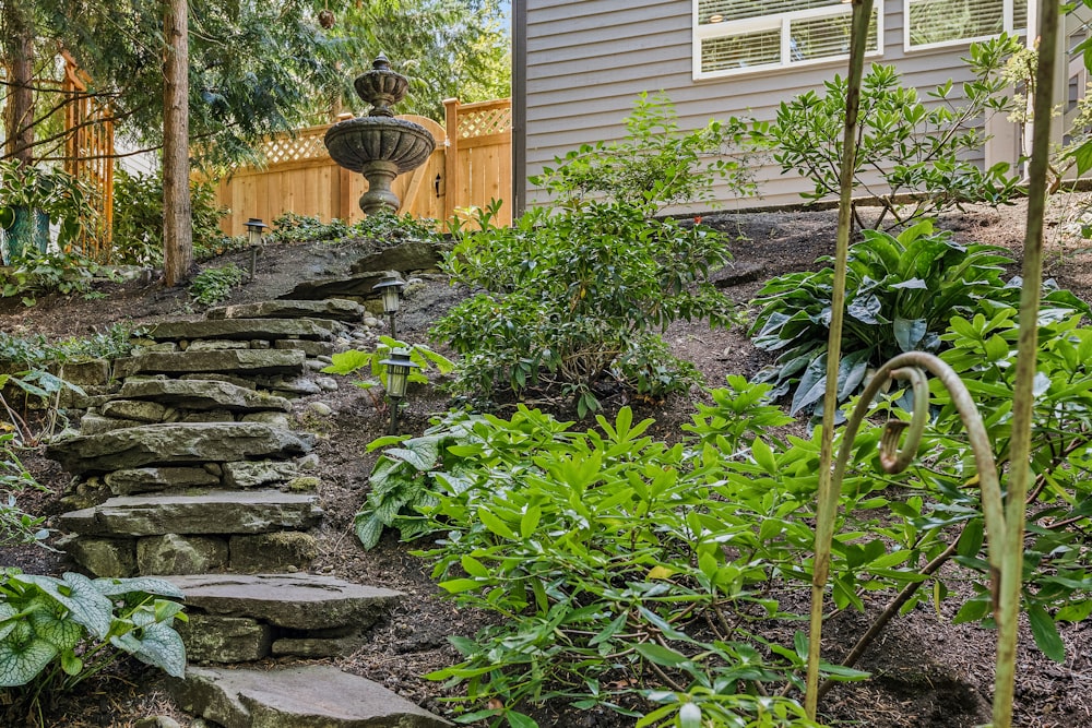 a garden with stone steps leading up to a house