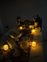 A cozy craft services table scene, soft lighting highlighting the warm, enticing snack selection.