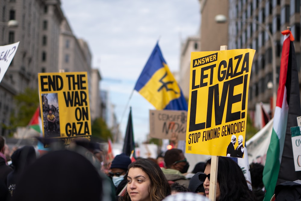 a crowd of people holding signs and flags