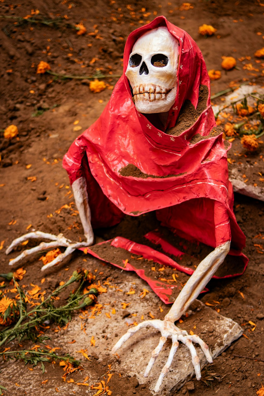 a skeleton dressed in a red cloak sitting on the ground