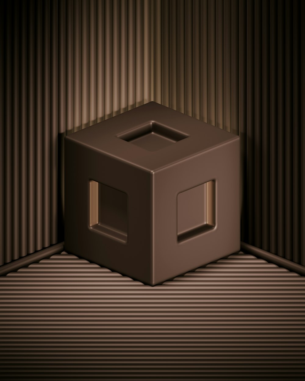 una caja marrón sentada en la parte superior de un piso junto a una pared