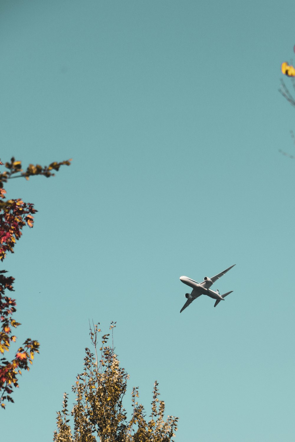 an airplane flying in the sky over some trees